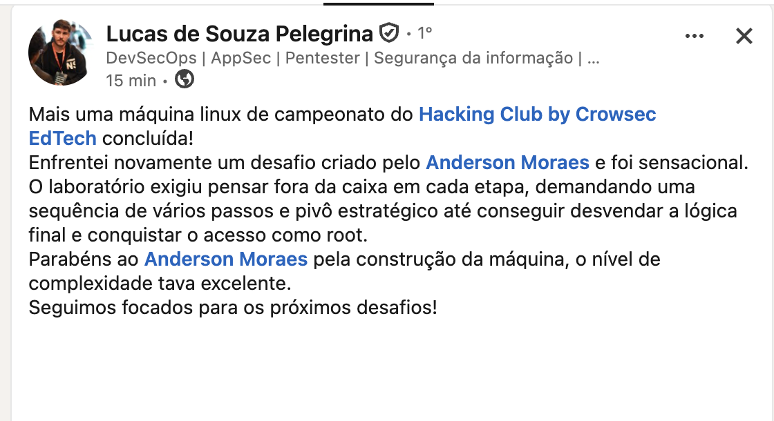 Depoimento de Lucas Pelegrina — post no LinkedIn