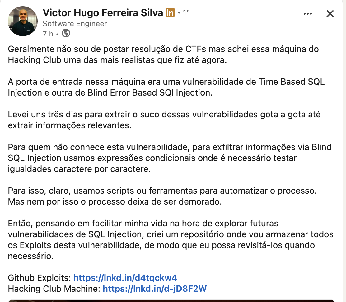 Depoimento de Victor Hugo — post no LinkedIn